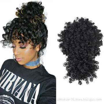 High Quality Black Drawstring Ponytail Afro Puff Hair Pieces Short Kinky Curly Chignon With Bangs Synthetic Hair Bun Extensions